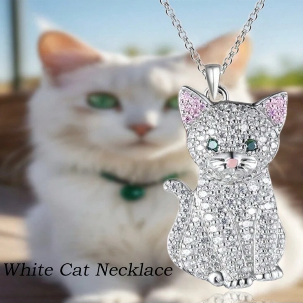Silver Tone Rhinestone Cat Necklace - Picture 1 of 3